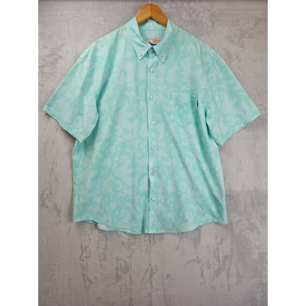 HUK Kona Short Sleeve Button Shirt Men's XL Green Geometric Fishing Performance